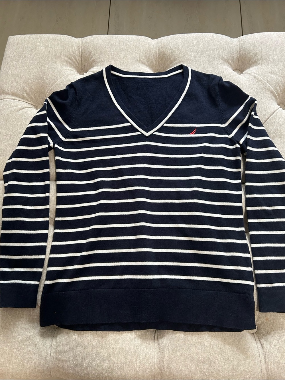 Nautica Striped Navy and White V-Neck Sweater with Red Sail Logo